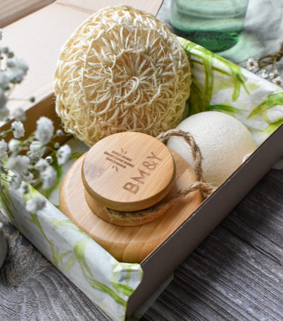 white konjac sponge, natural sisal sponge and one bamboo sisal bristle body brush