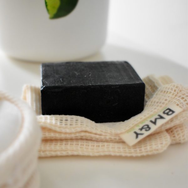 black charcoal soap with reusable mesh cotton wash bag
