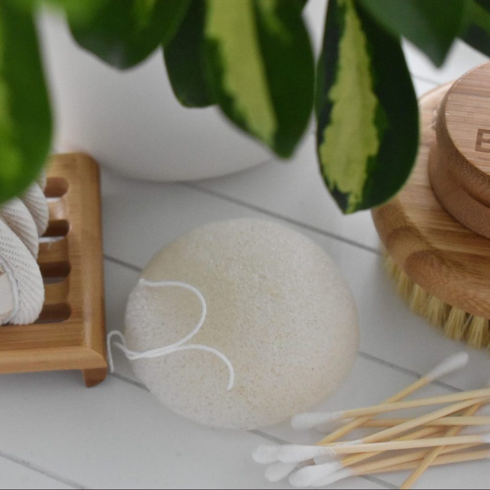 white konjac sponge, bamboo body brush and cotton buds